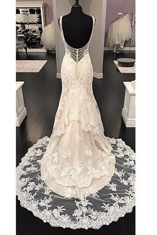 Fit&Flare V-neck Wedding Dress Lace Beaded Backless