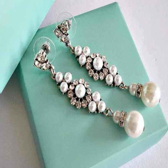 Floral Crystal Pearl Chandelier Earrings, Crystal Bridal Pearl Earrings, Rhinestone Dangle Wedding Earrings, Vintage Style Bridal Earrings