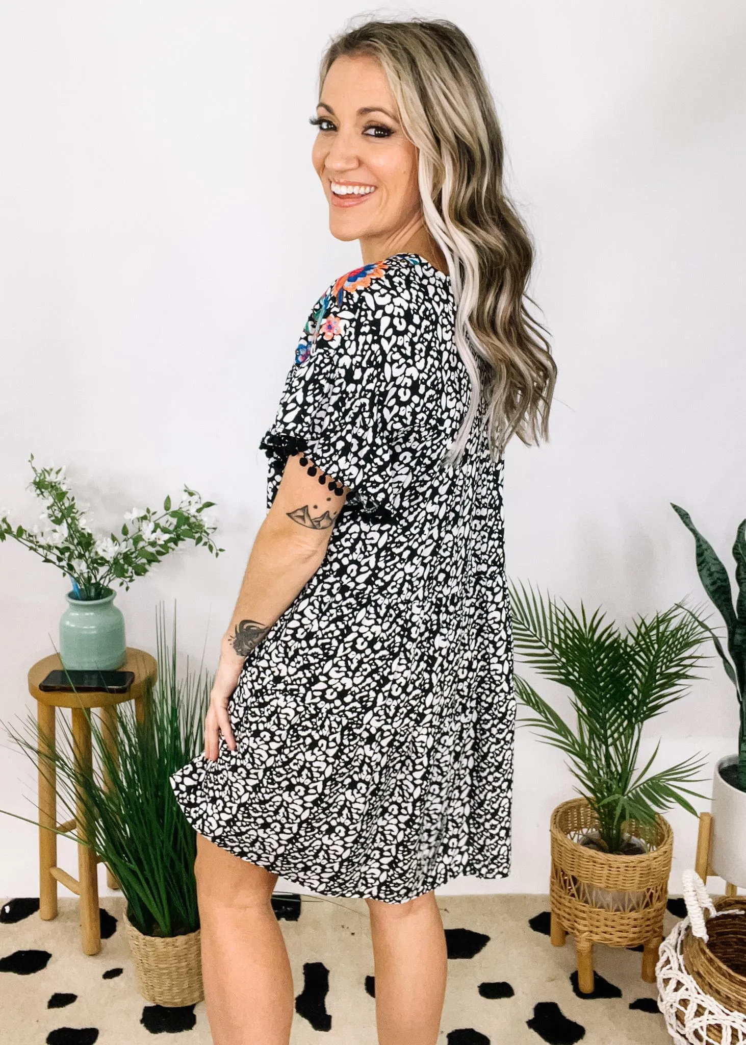 Floral Embroidered Leopard Print Dress