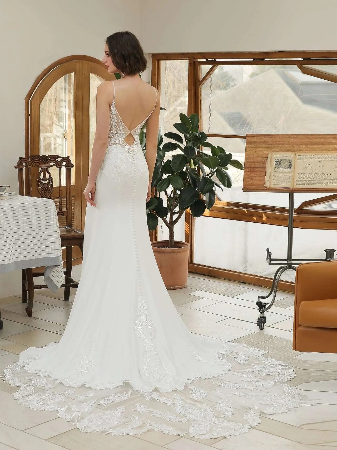 Floral Lace Crepe Fit & Flare Wedding Dress with Beaded Straps | Evelyn