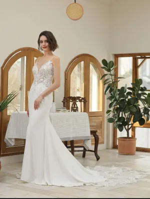 Floral Lace Crepe Fit & Flare Wedding Dress with Beaded Straps | Evelyn