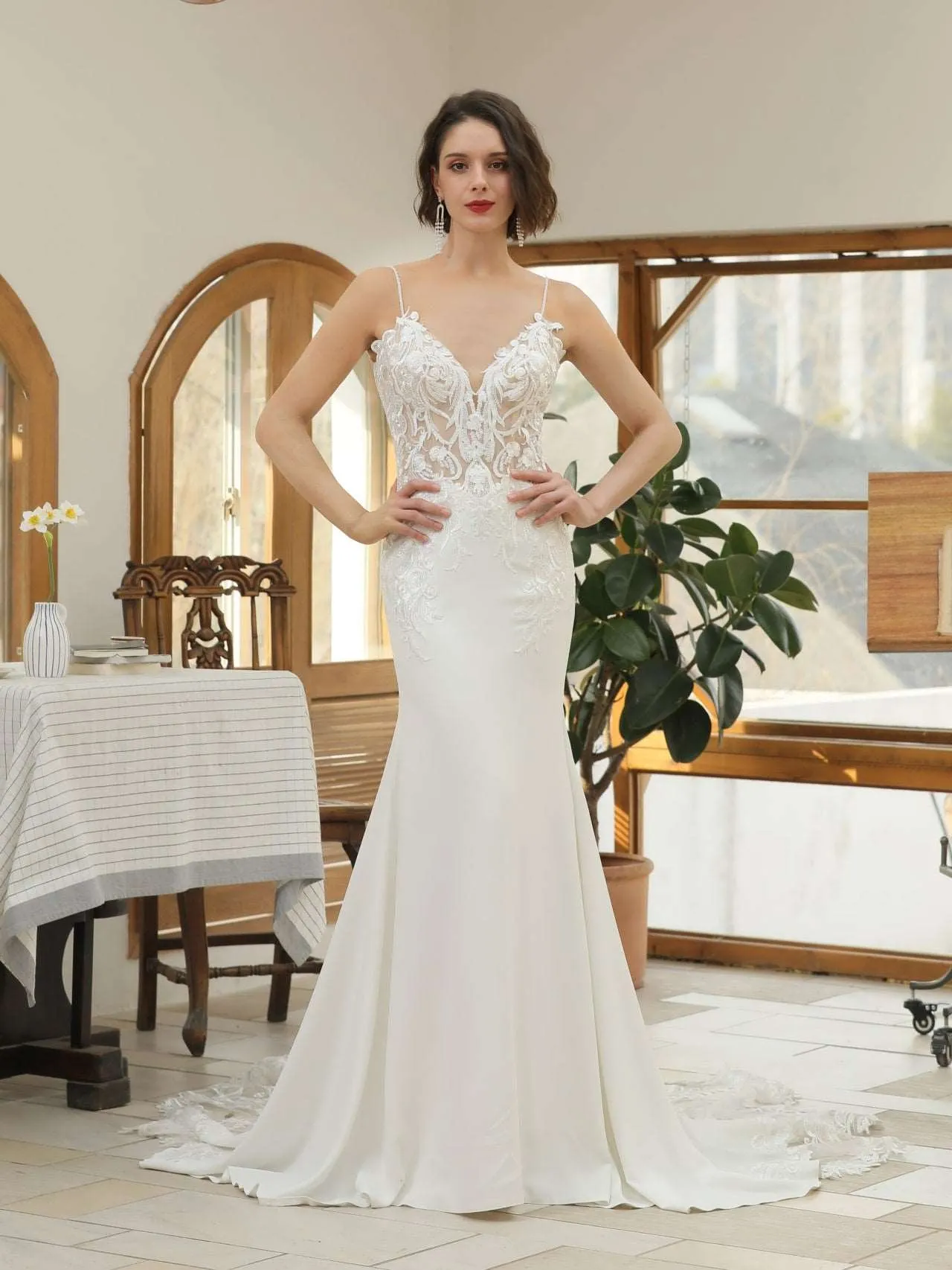 Floral Lace Crepe Fit & Flare Wedding Dress with Beaded Straps | Evelyn