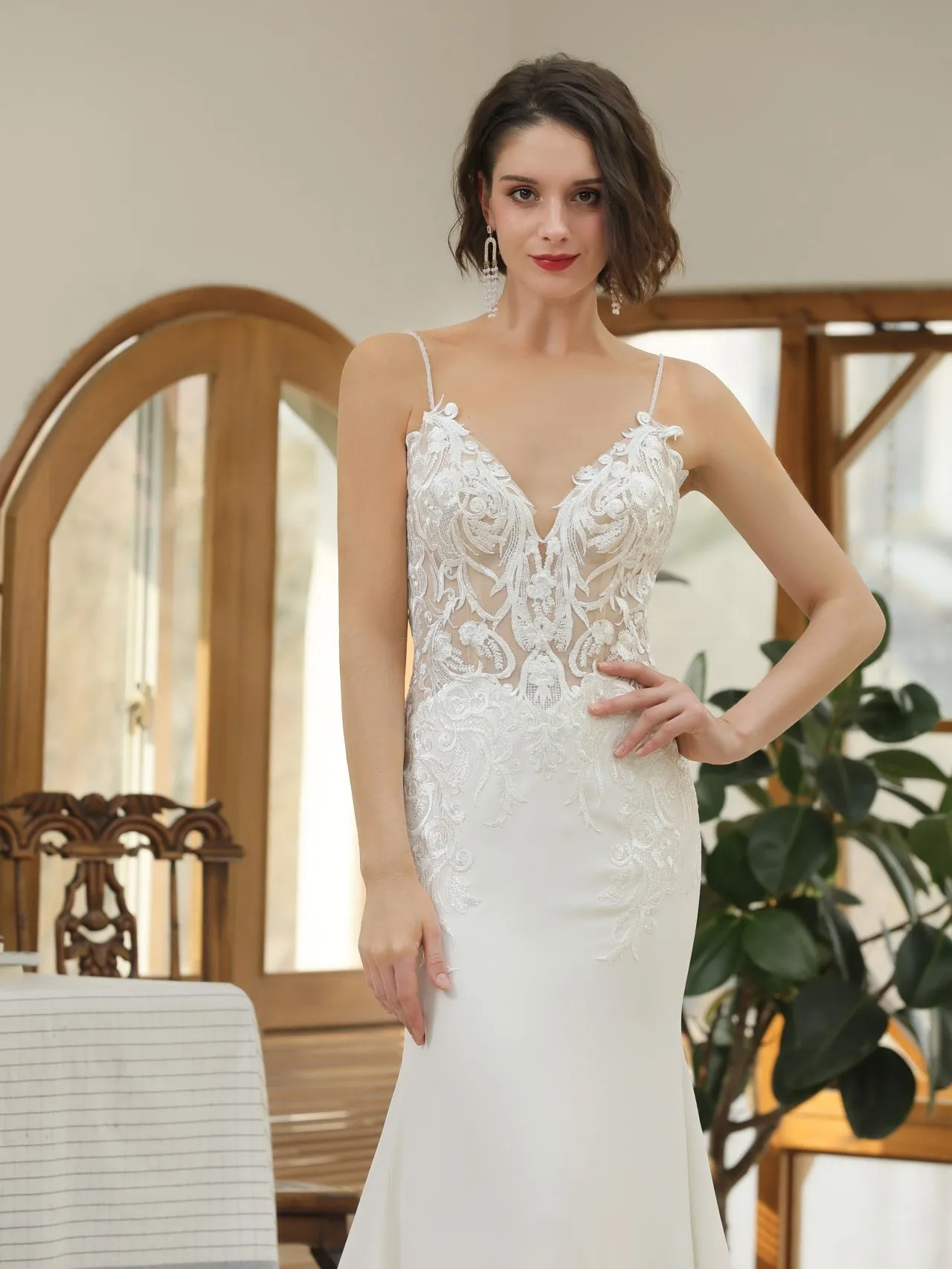 Floral Lace Crepe Fit & Flare Wedding Dress with Beaded Straps | Evelyn