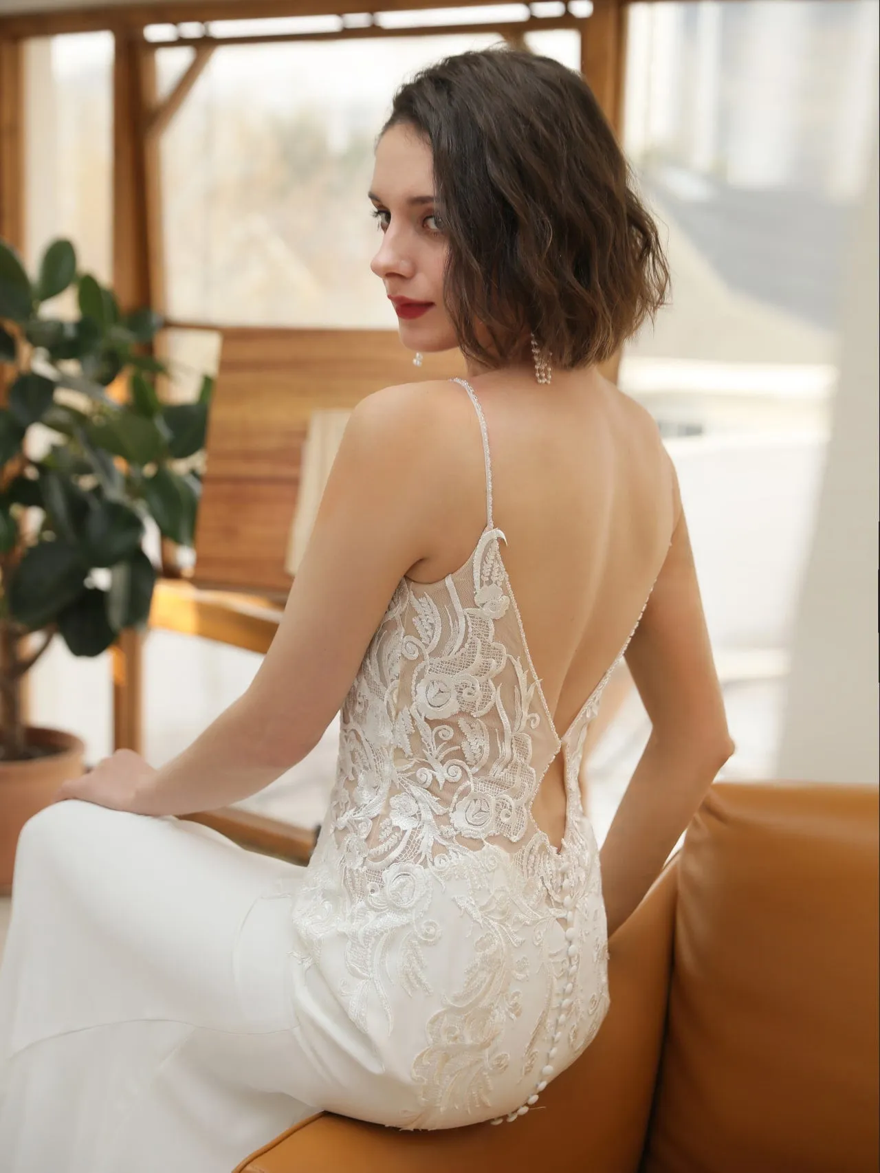 Floral Lace Crepe Fit & Flare Wedding Dress with Beaded Straps | Evelyn