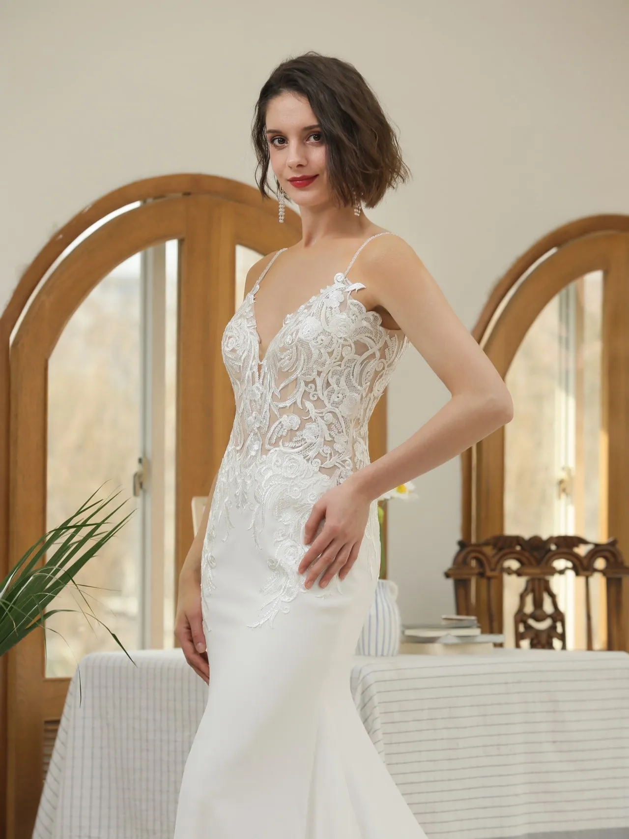 Floral Lace Crepe Fit & Flare Wedding Dress with Beaded Straps | Evelyn