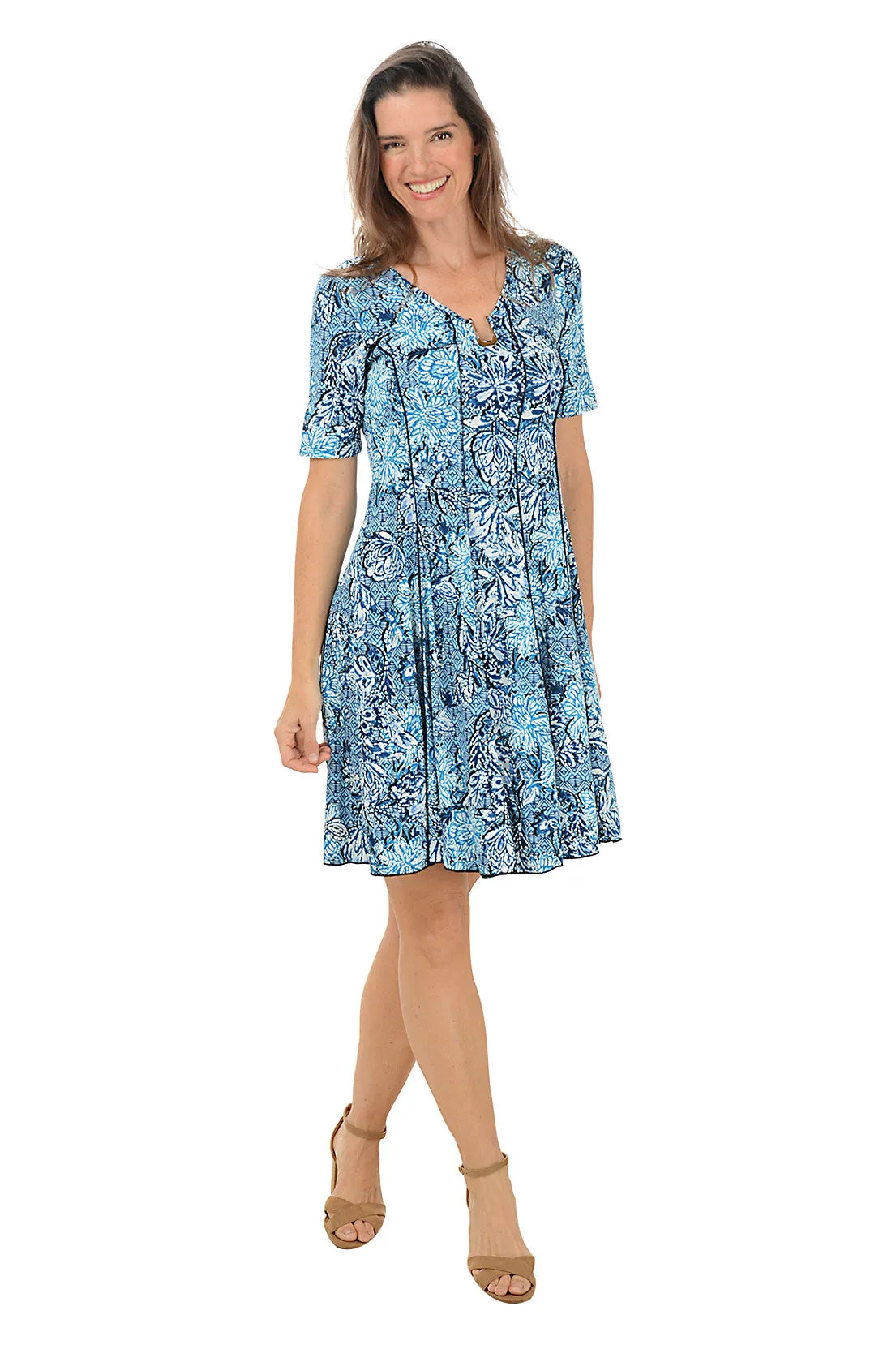 Floral Metallic U-Neck Short Sleeve Dress