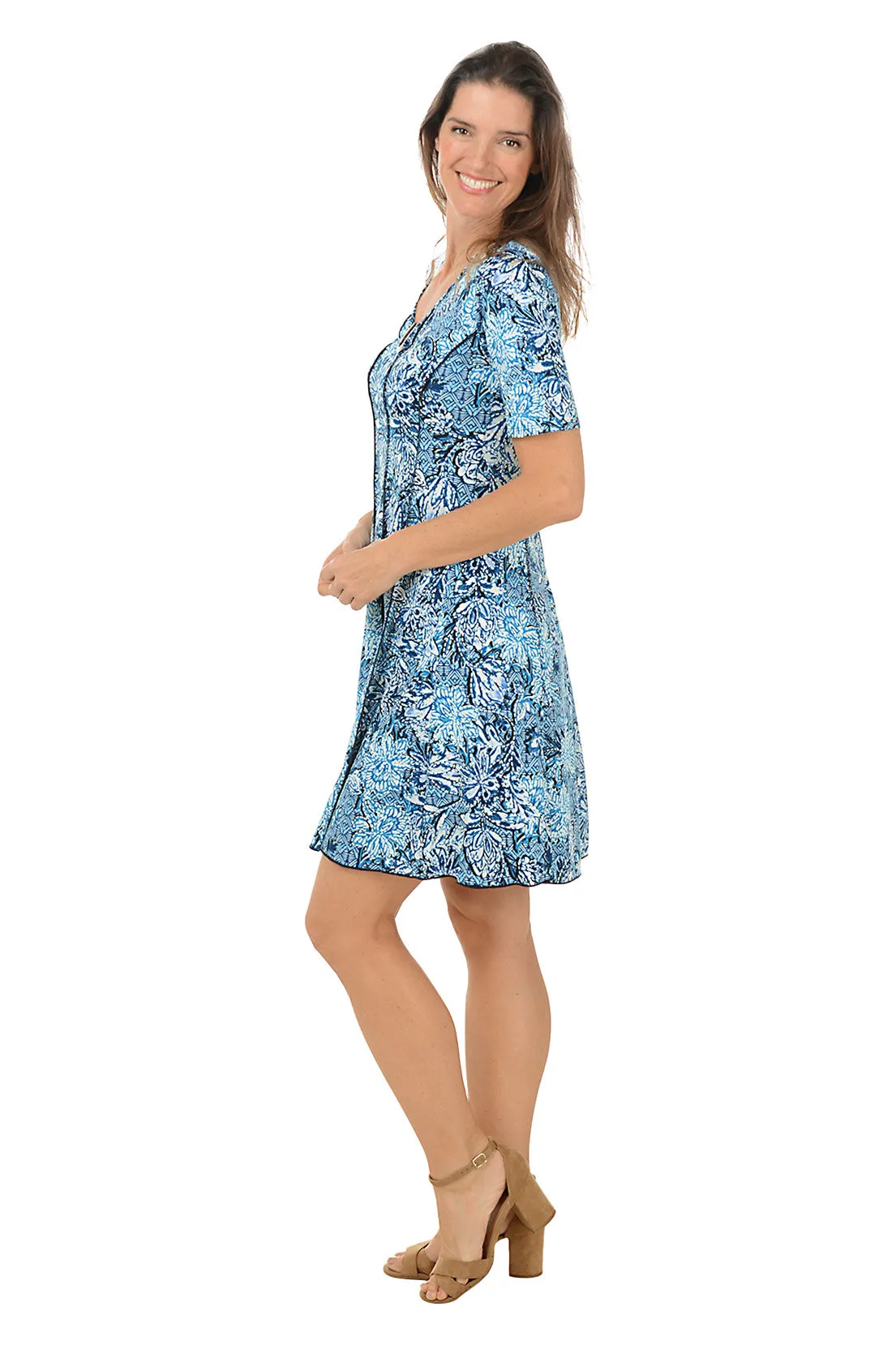 Floral Metallic U-Neck Short Sleeve Dress