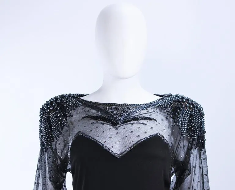 FRANK COMPOSTO Black Cocktail Dress w/ Beaded Sleeves Size 8