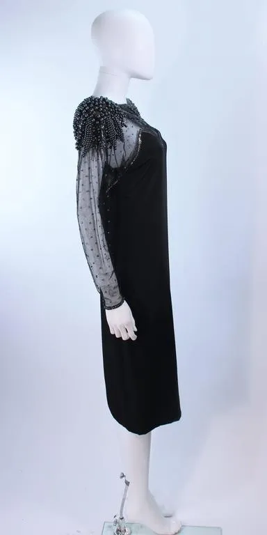 FRANK COMPOSTO Black Cocktail Dress w/ Beaded Sleeves Size 8