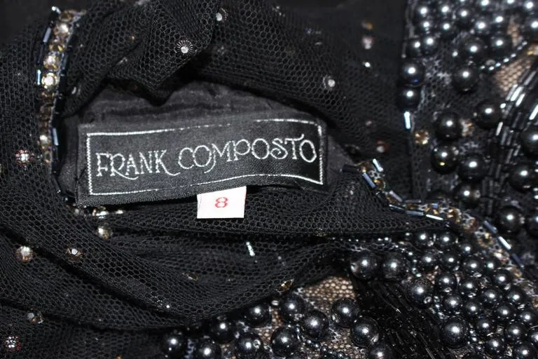 FRANK COMPOSTO Black Cocktail Dress w/ Beaded Sleeves Size 8