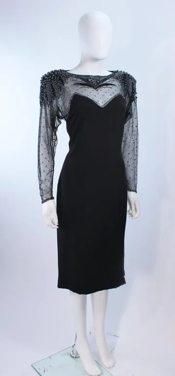 FRANK COMPOSTO Black Cocktail Dress w/ Beaded Sleeves Size 8
