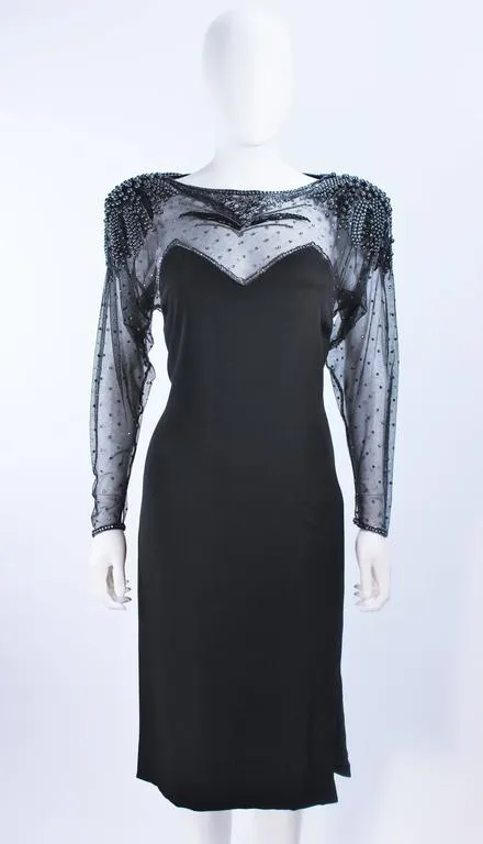 FRANK COMPOSTO Black Cocktail Dress w/ Beaded Sleeves Size 8