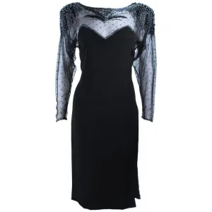 FRANK COMPOSTO Black Cocktail Dress w/ Beaded Sleeves Size 8