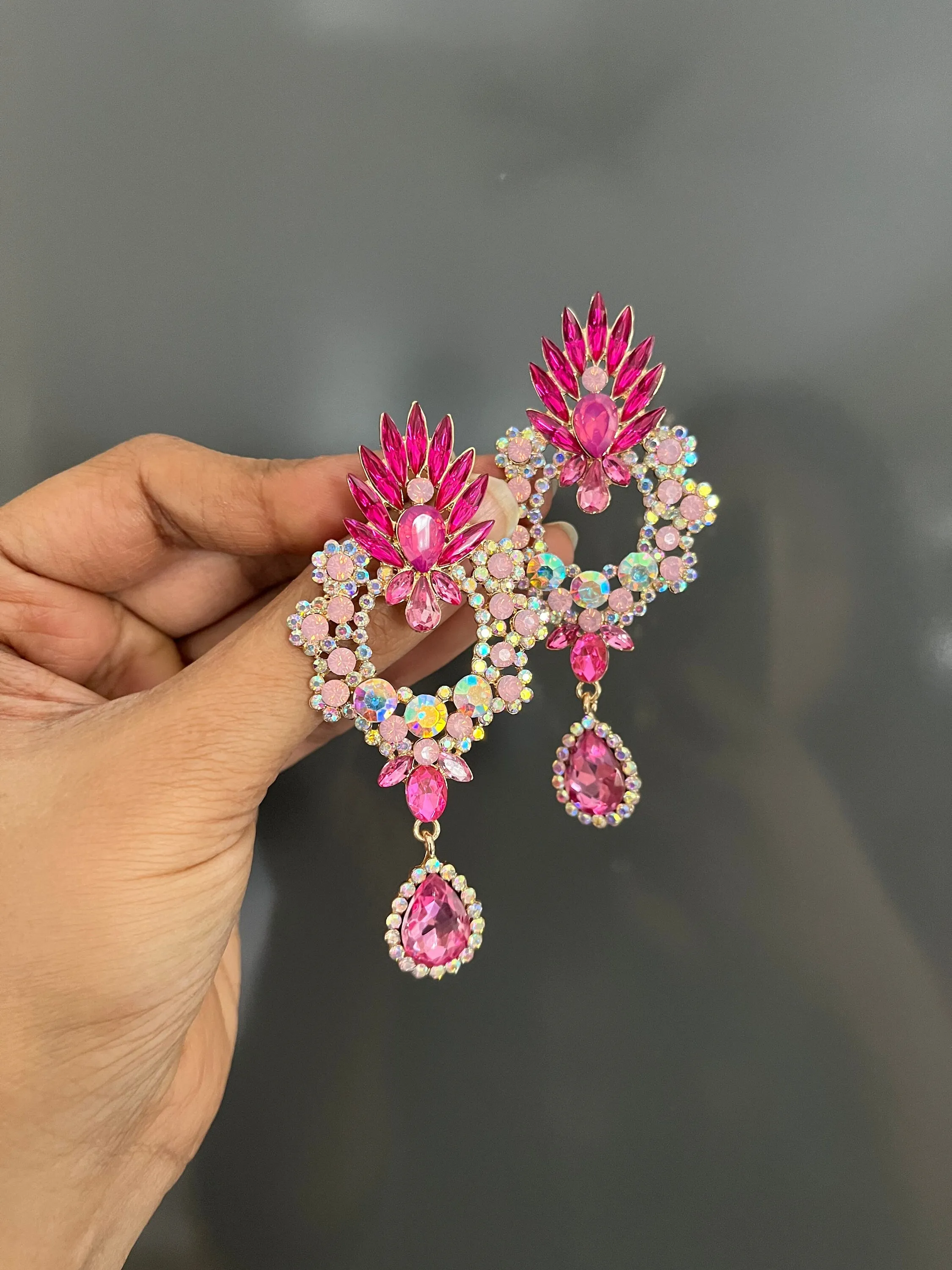 Fuchsia earring , large fuchsia earrings , big light pink earring , fuchsia crystal earrings , pink Ab  dark pink rhinestone earring