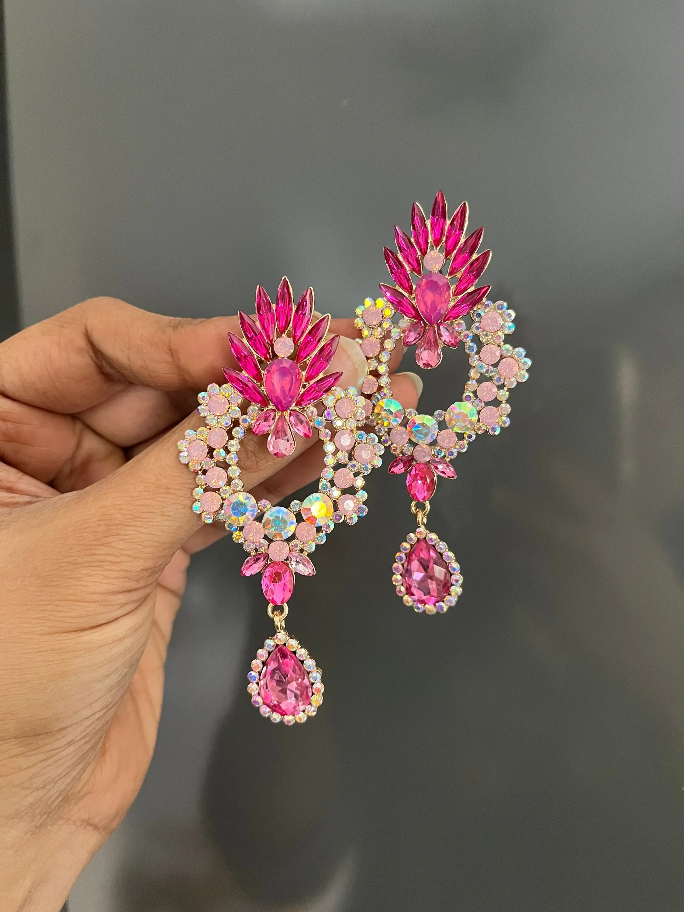 Fuchsia earring , large fuchsia earrings , big light pink earring , fuchsia crystal earrings , pink Ab  dark pink rhinestone earring
