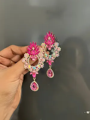 Fuchsia earring , large fuchsia earrings , big light pink earring , fuchsia crystal earrings , pink Ab  dark pink rhinestone earring