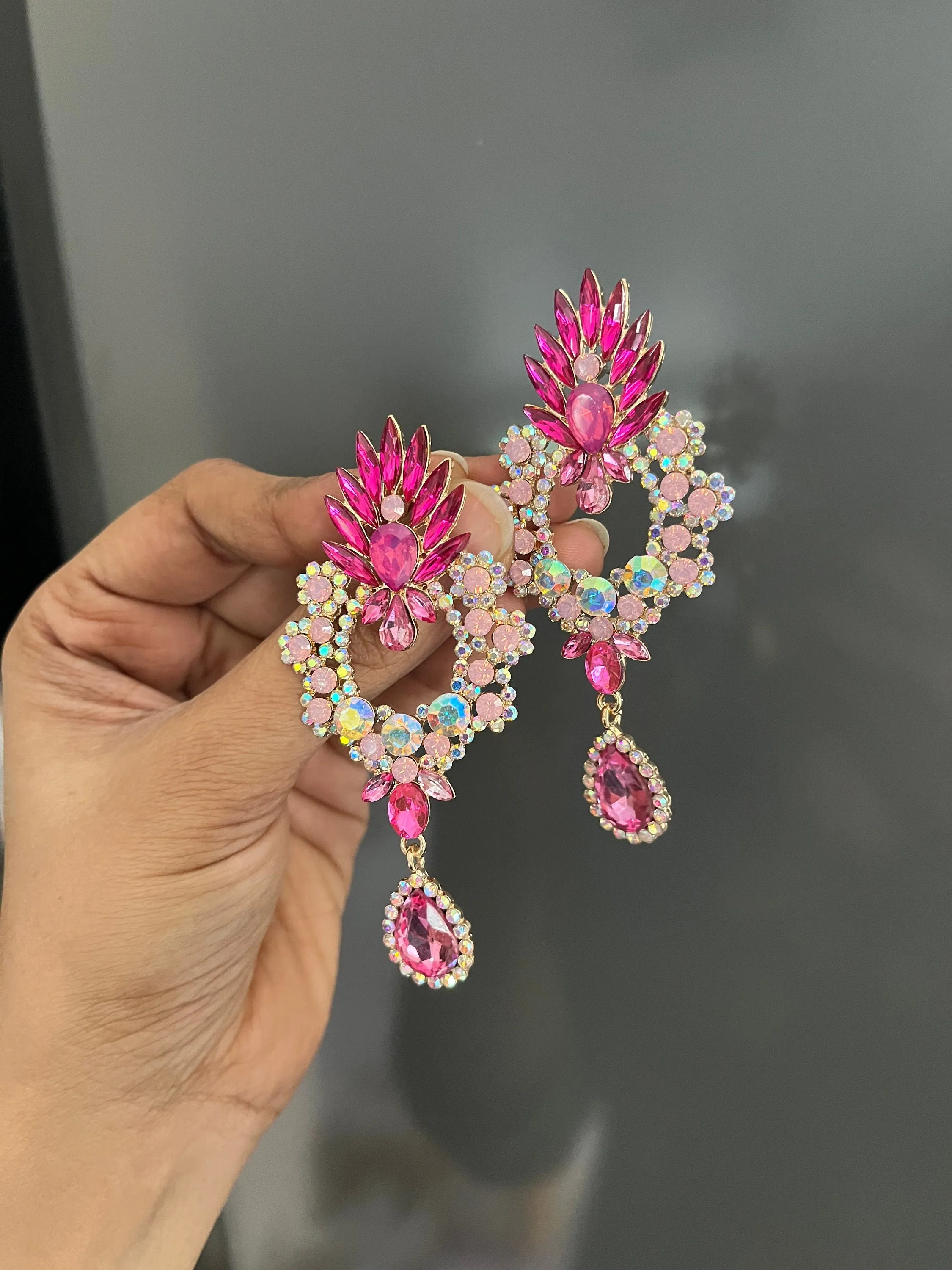 Fuchsia earring , large fuchsia earrings , big light pink earring , fuchsia crystal earrings , pink Ab  dark pink rhinestone earring