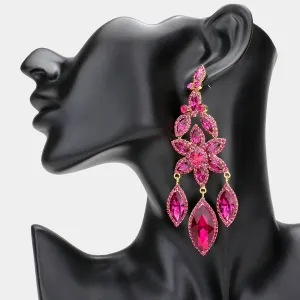 Fuchsia Flower Triple Marquise Stone Chandelier Evening Earrings   | Statement Earrings | 608514