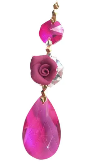 Fuchsia Pink Chandelier Crystal Teardrop Ornaments with Rose