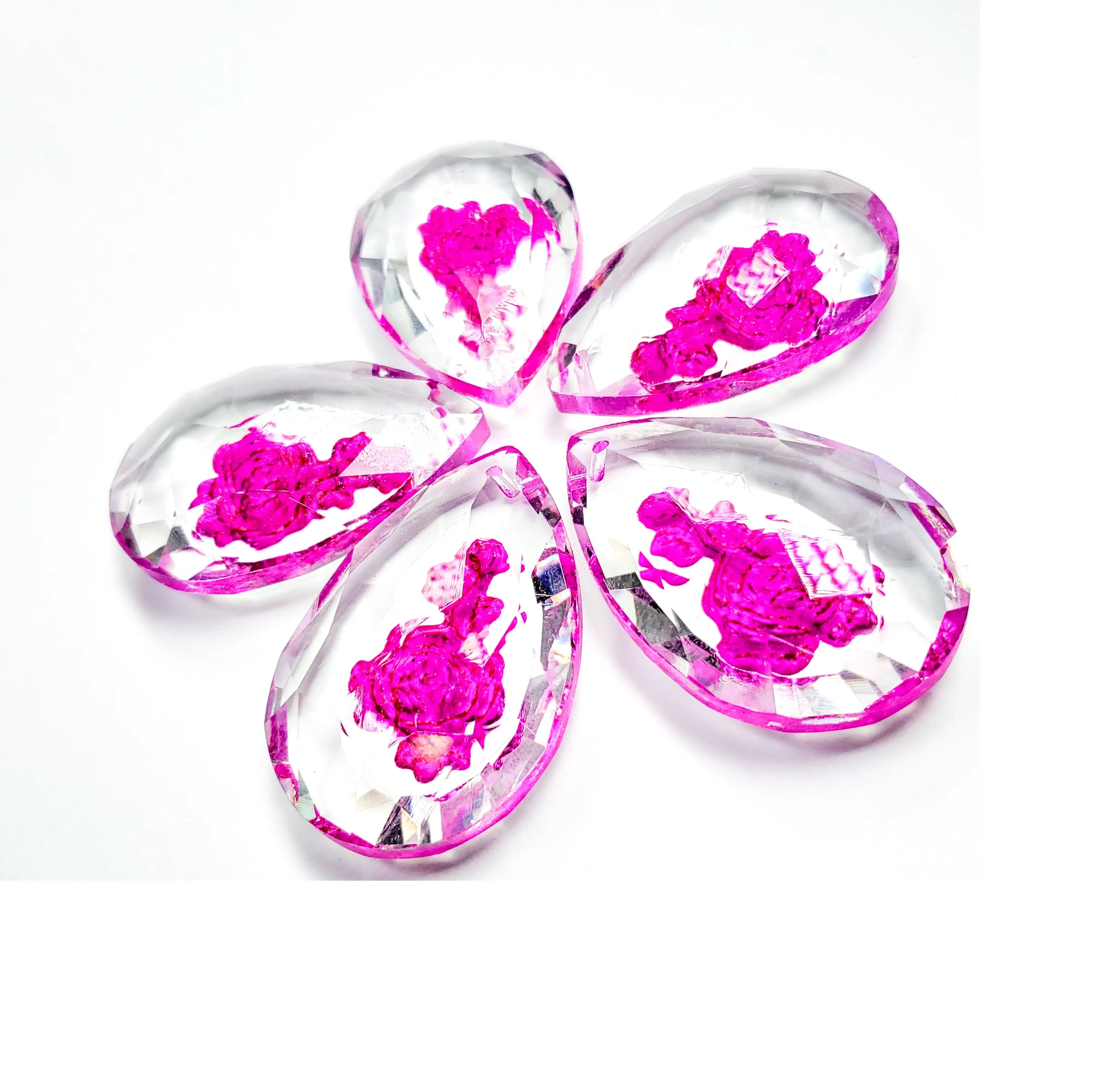 Fuchsia Pink Rose Teardrop Prism, 50mm Chandelier Crystals, Pack of 5