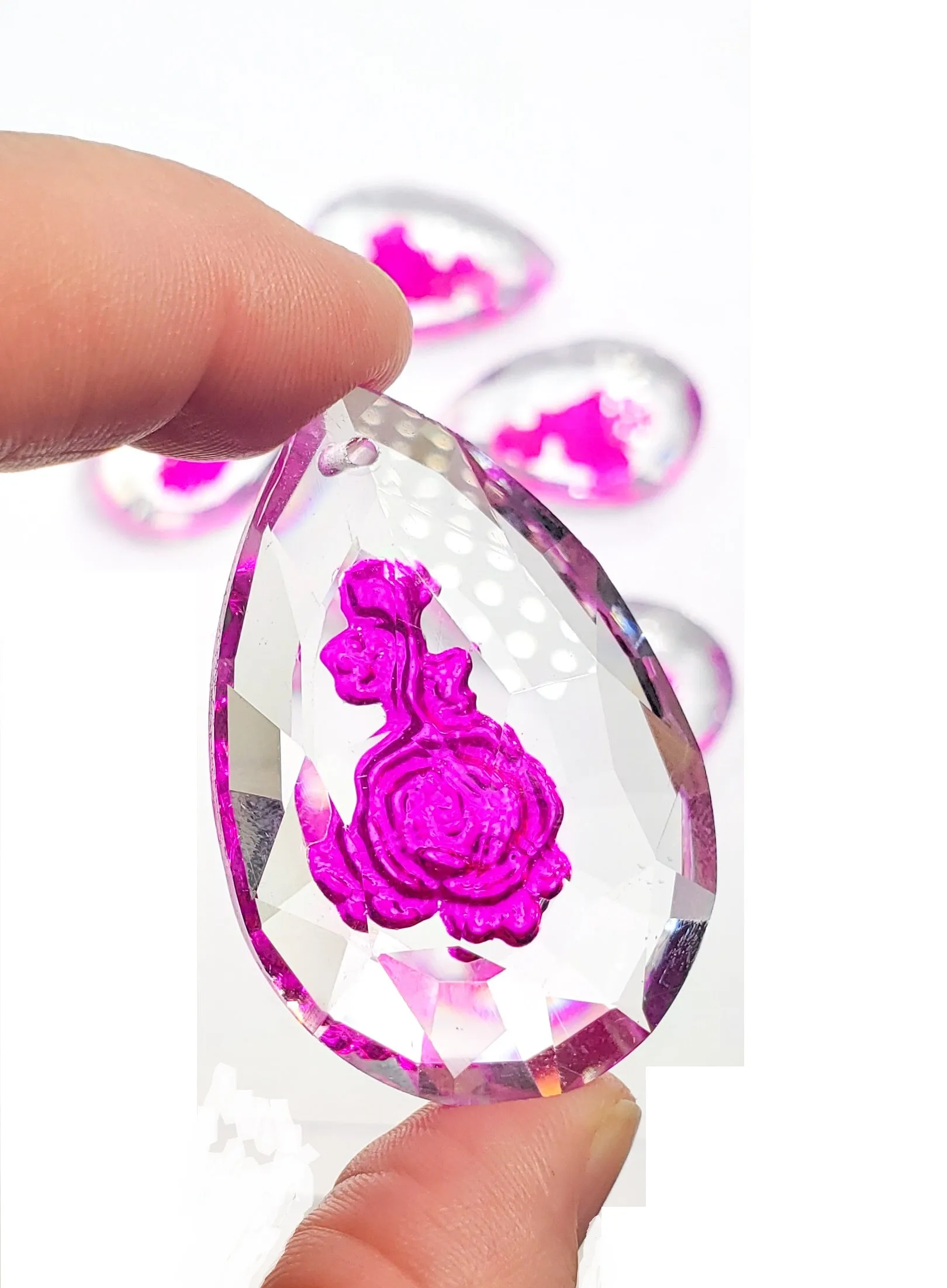 Fuchsia Pink Rose Teardrop Prism, 50mm Chandelier Crystals, Pack of 5