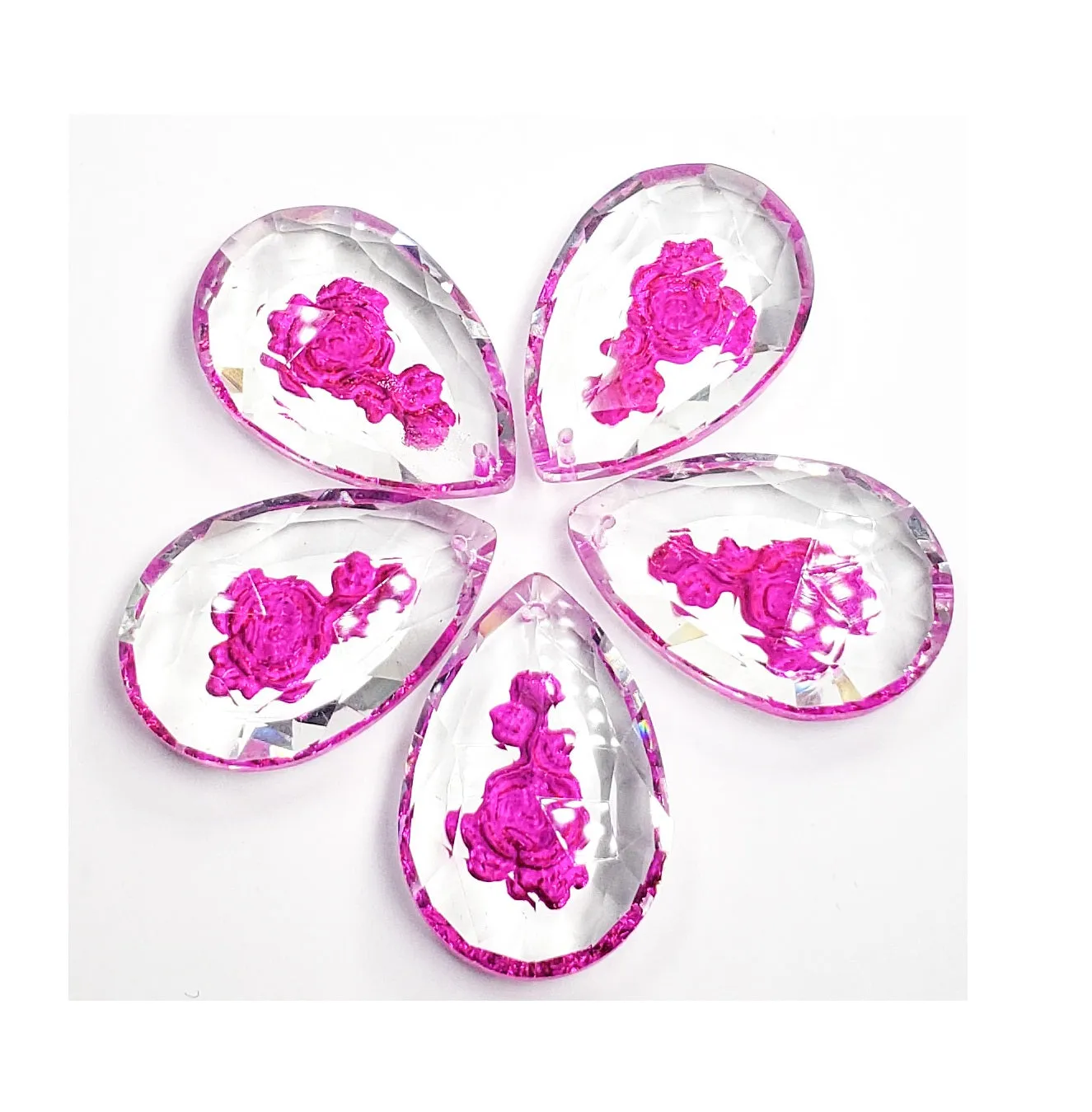 Fuchsia Pink Rose Teardrop Prism, 50mm Chandelier Crystals, Pack of 5