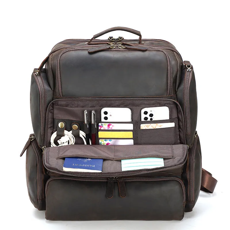 Full Grain Leather Large Travel Backpack Crazy Horse Leather Retro Backpack Mens Outdoor Travel Rucksack Laptop Backpack