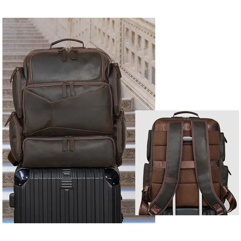 Full Grain Leather Large Travel Backpack Crazy Horse Leather Retro Backpack Mens Outdoor Travel Rucksack Laptop Backpack