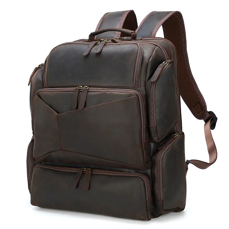 Full Grain Leather Large Travel Backpack Crazy Horse Leather Retro Backpack Mens Outdoor Travel Rucksack Laptop Backpack
