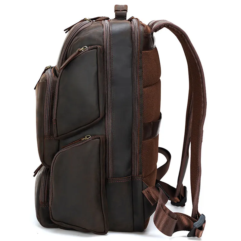 Full Grain Leather Large Travel Backpack Crazy Horse Leather Retro Backpack Mens Outdoor Travel Rucksack Laptop Backpack