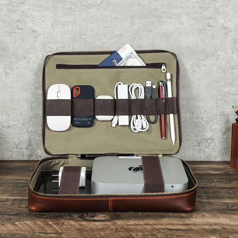 Full Grain Leather Travel Cable Organizer Bag Travel Electronics Accessories Bag Leather Tech Organizer