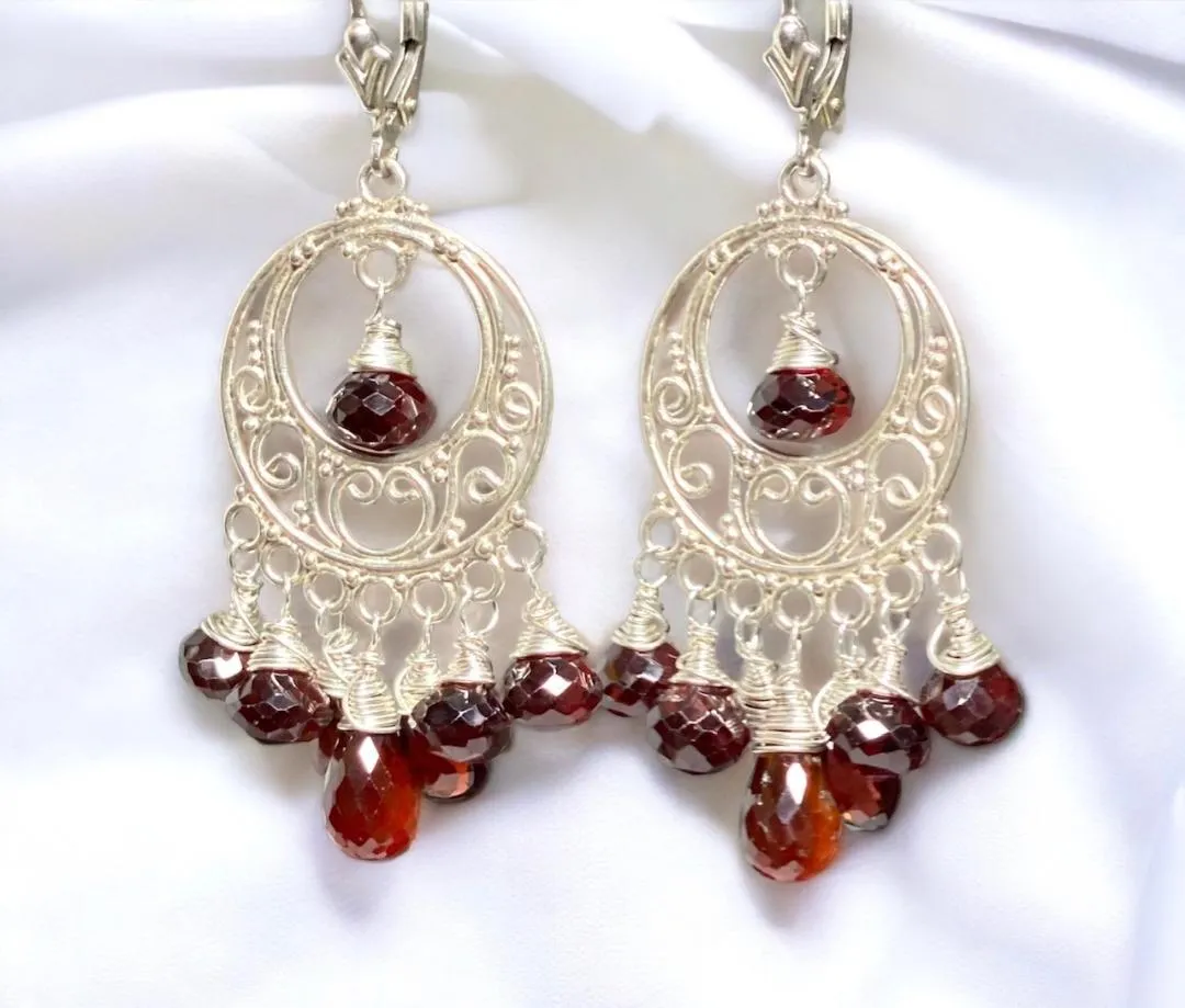 Garnet Chandelier Earrings Sterling Silver Garnet Hoops