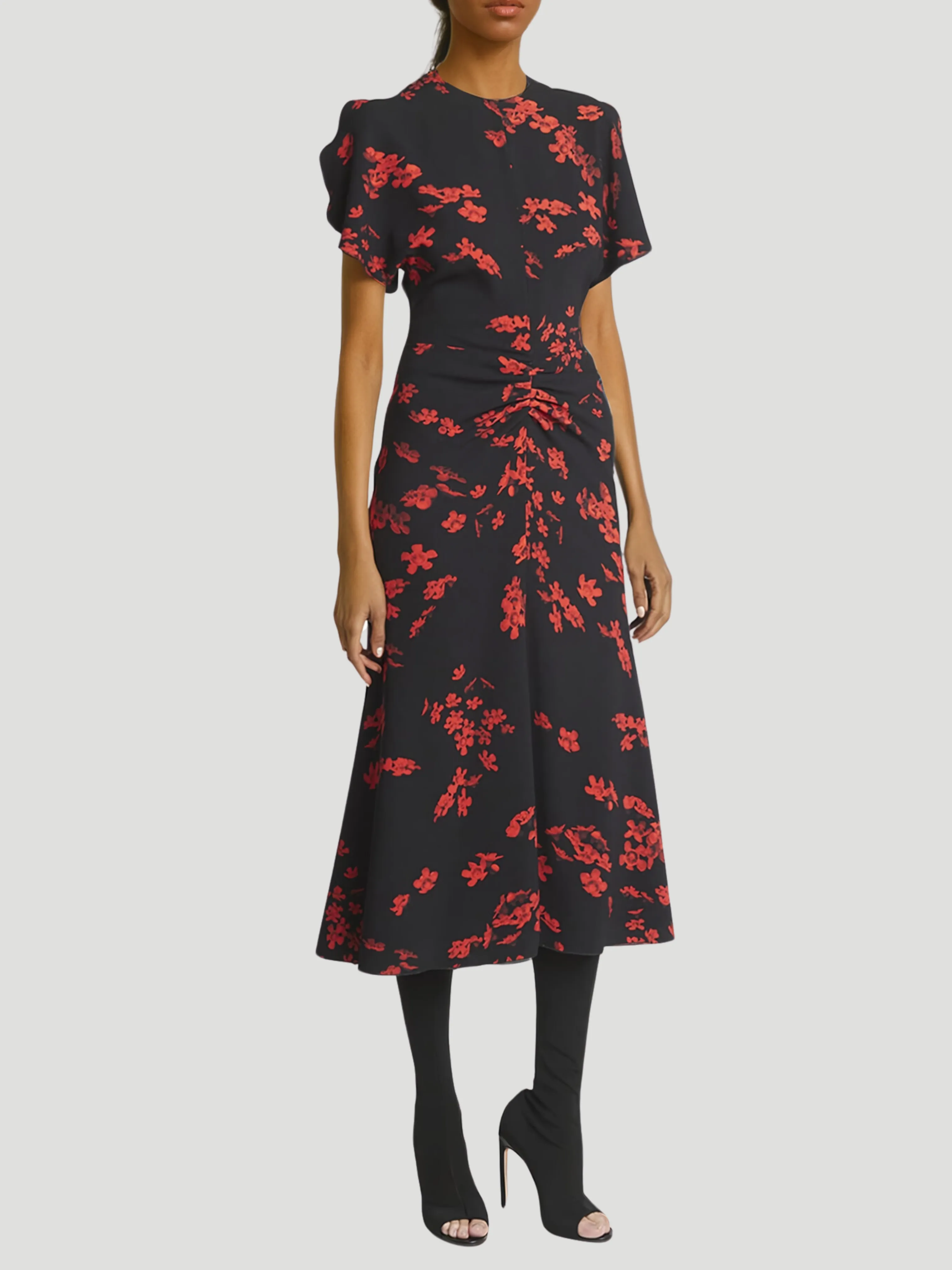 Gathered Waist Floral Midi Dress