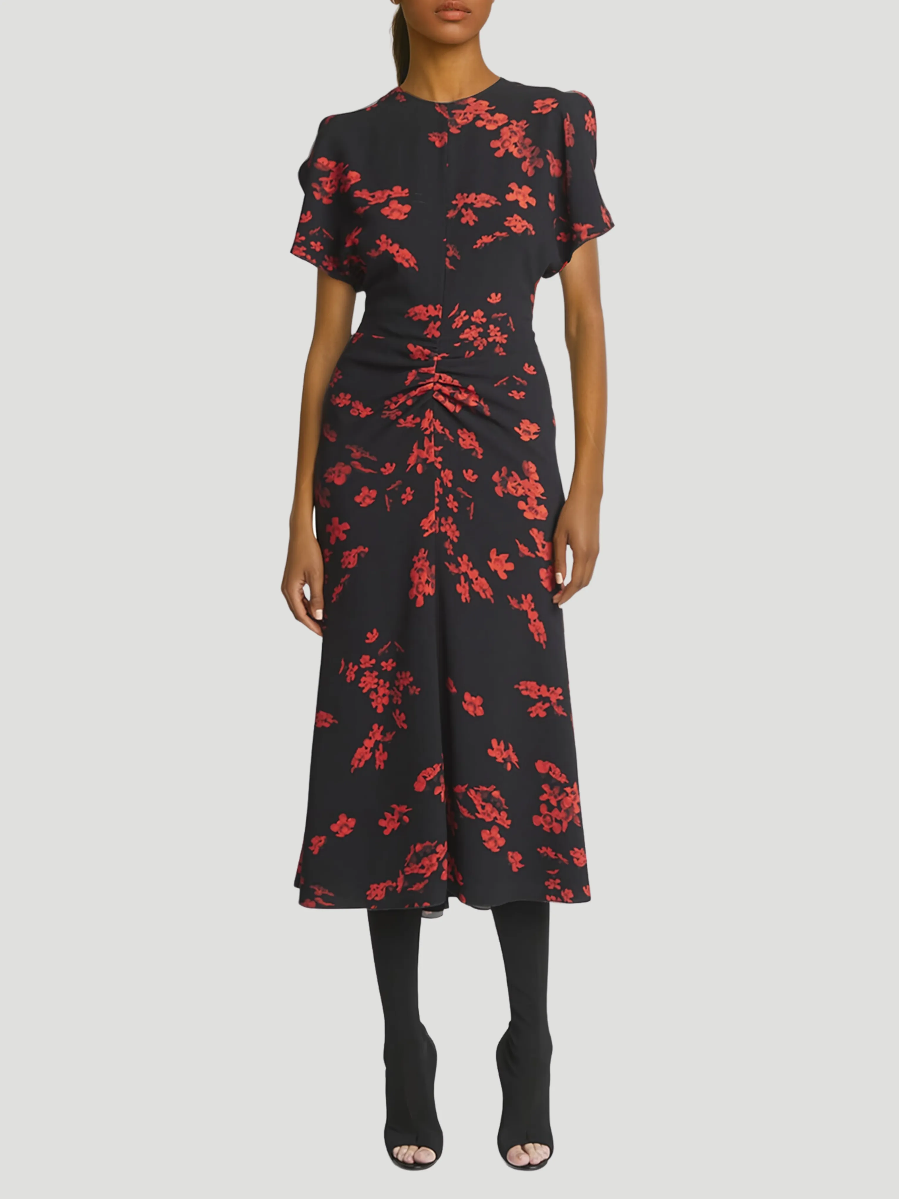 Gathered Waist Floral Midi Dress