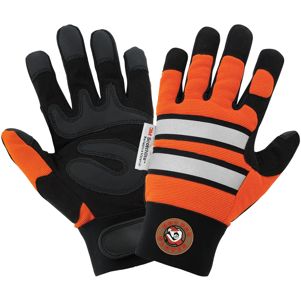 Global Glove & Safety HR9000VIS Hot Rod Gloves® High Visibility Synthetic Leather Palm Performance Mechanics Style Gloves, Spandex Back