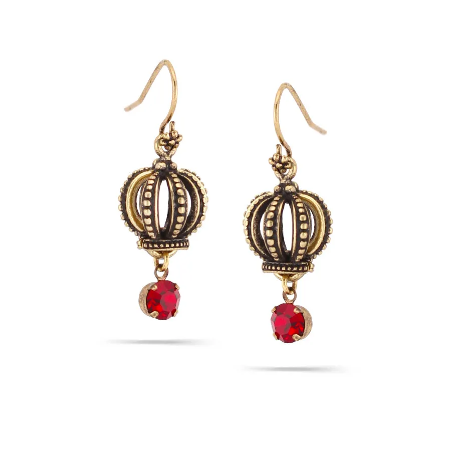 GOLD CROWN RED CRYSTAL DROP EARRINGS #155RD3501 (4B5)