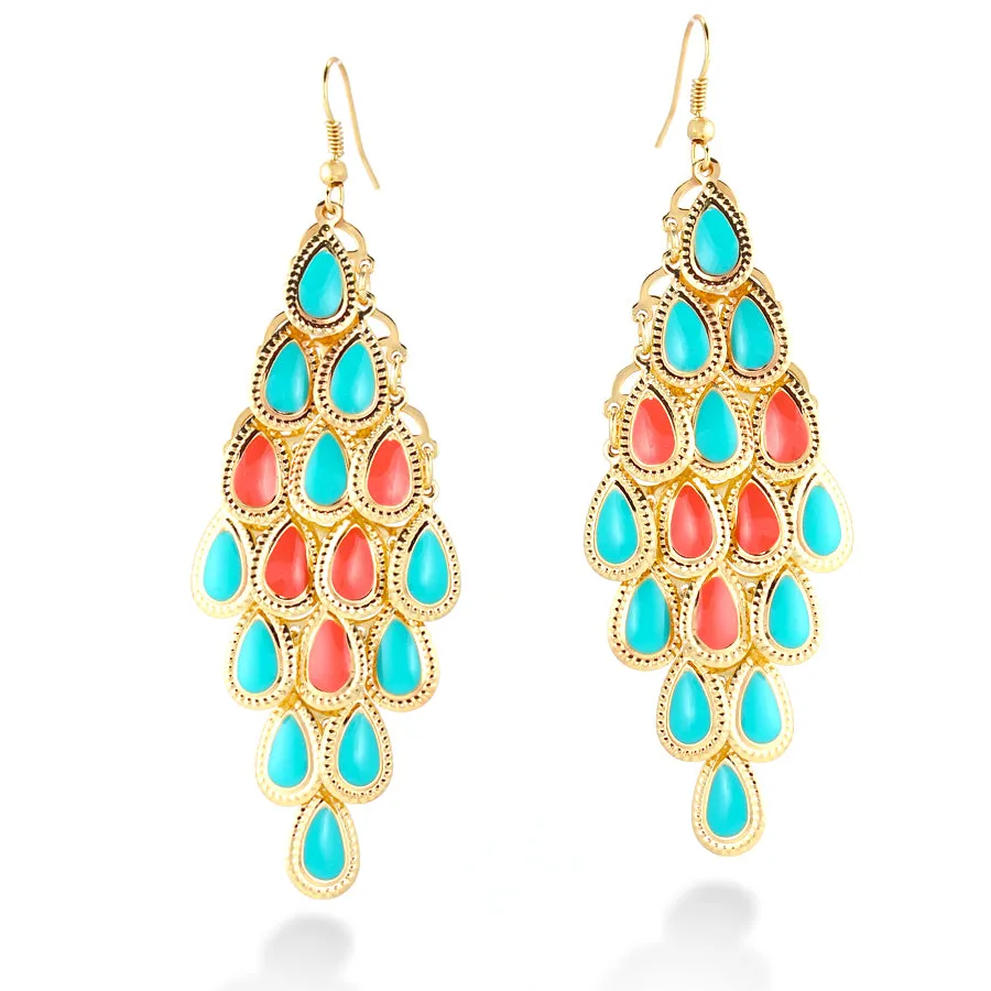 GOLD MULTI CORAL TURQUOISE AND CORAL EPOXY DROP EARRING  #FW1404697