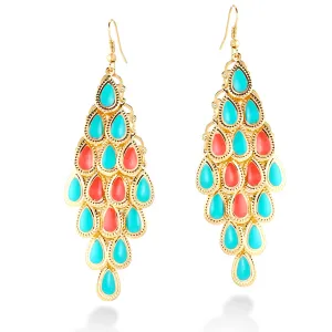 GOLD MULTI CORAL TURQUOISE AND CORAL EPOXY DROP EARRING  #FW1404697