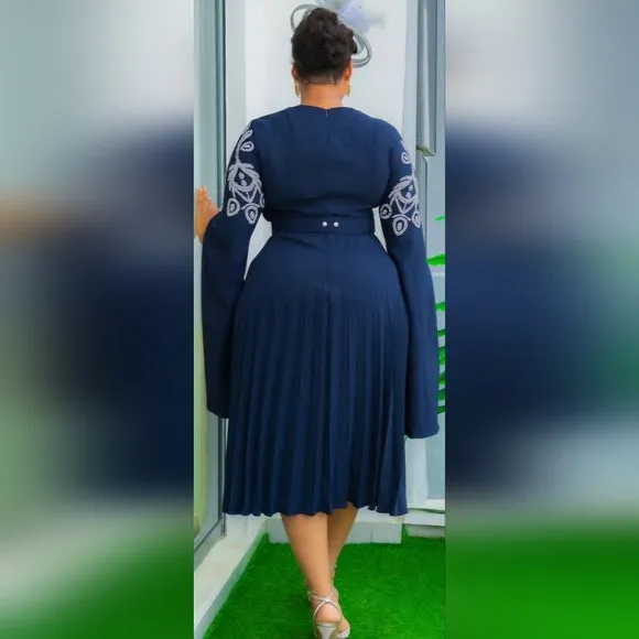 GORGEOUS NAVY PLEATED DRESS WITH SILVER STONES