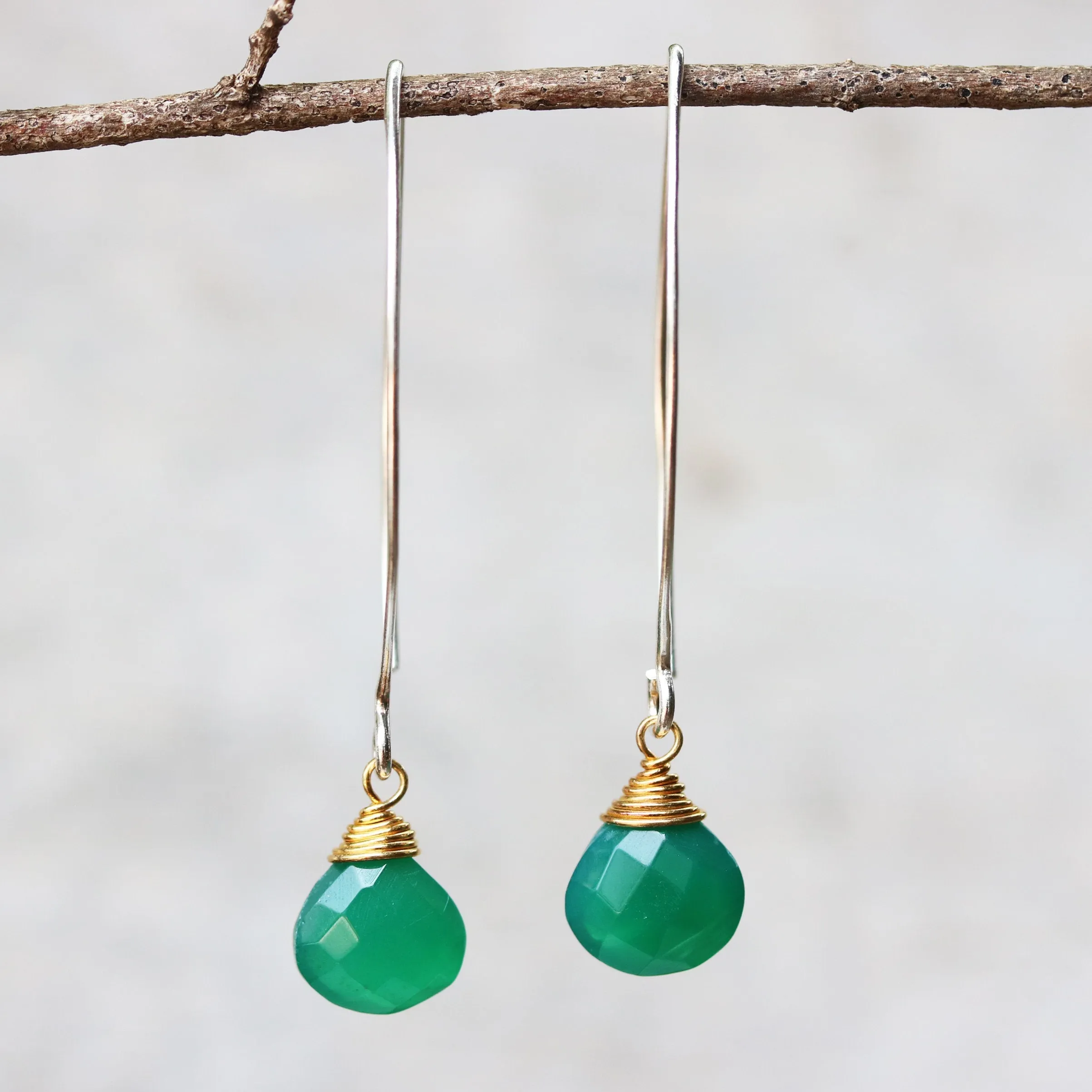 Green onyx gemstone drop / dangle earring with sterling silver earwire