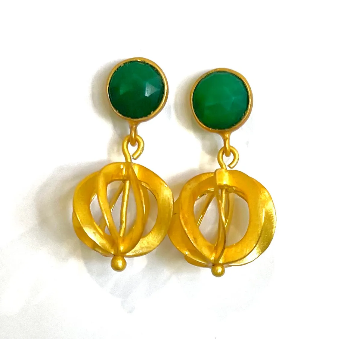 Green Onyx Gold Vermeil Filigree Dangle Earrings 1.18”