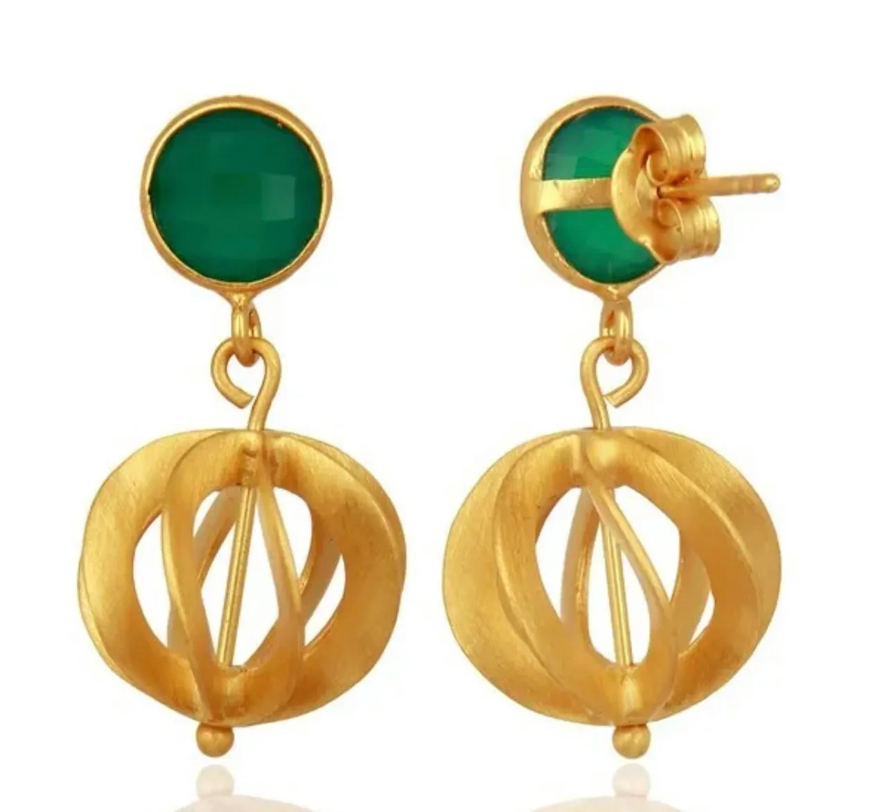 Green Onyx Gold Vermeil Filigree Dangle Earrings 1.18”