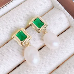 Green Pearl Dangle Earrings