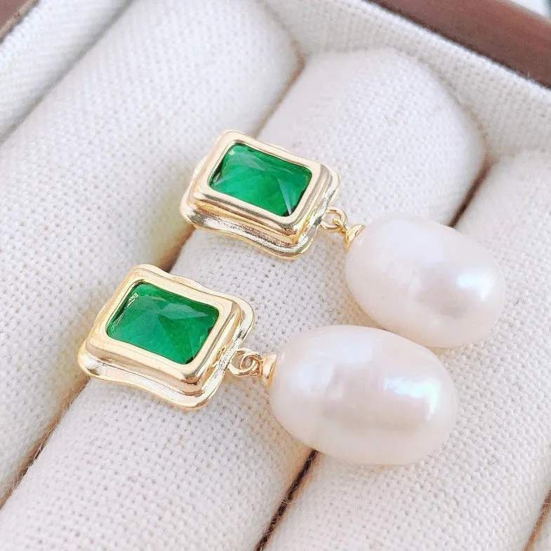Green Pearl Dangle Earrings