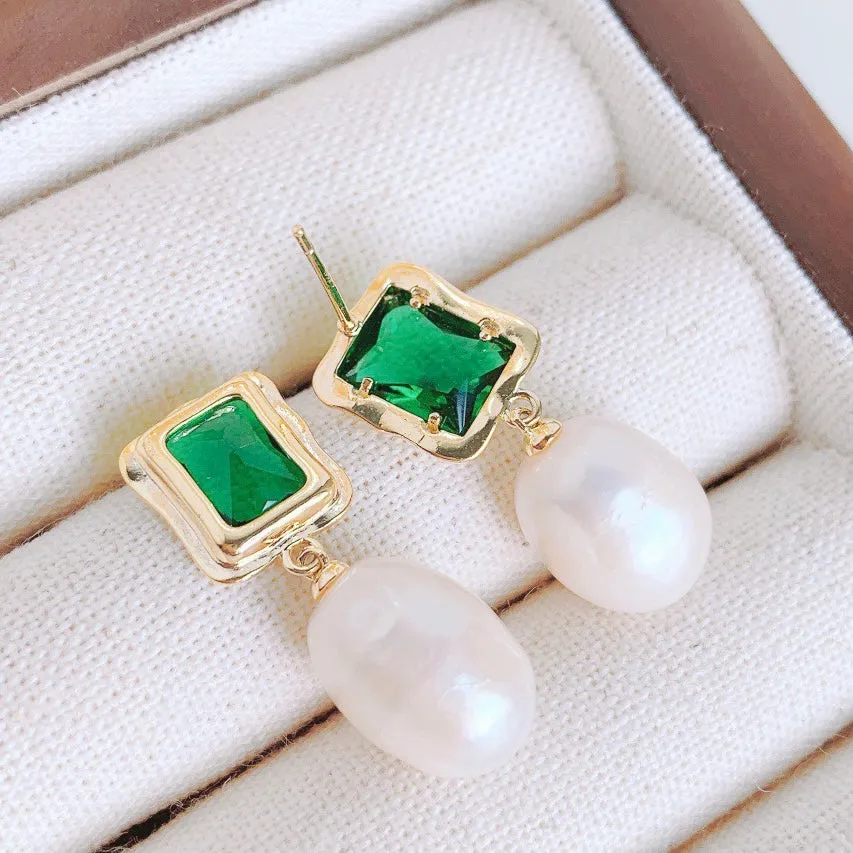 Green Pearl Dangle Earrings