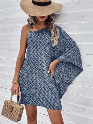 Grey One Shoulder Flare Sleeve Dress