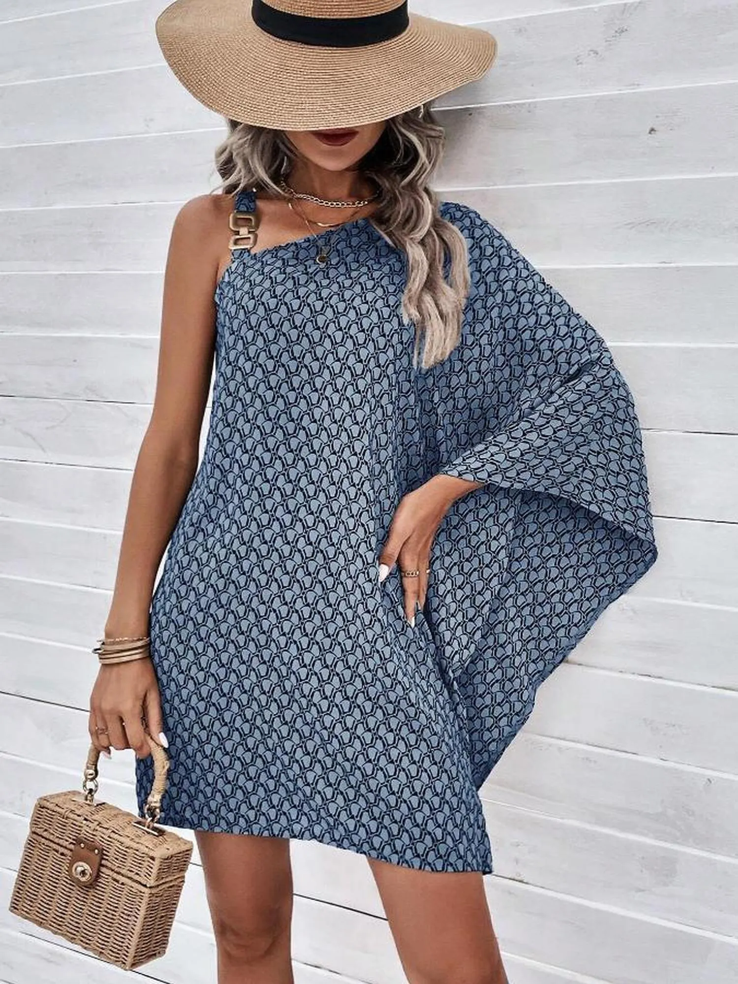 Grey One Shoulder Flare Sleeve Dress