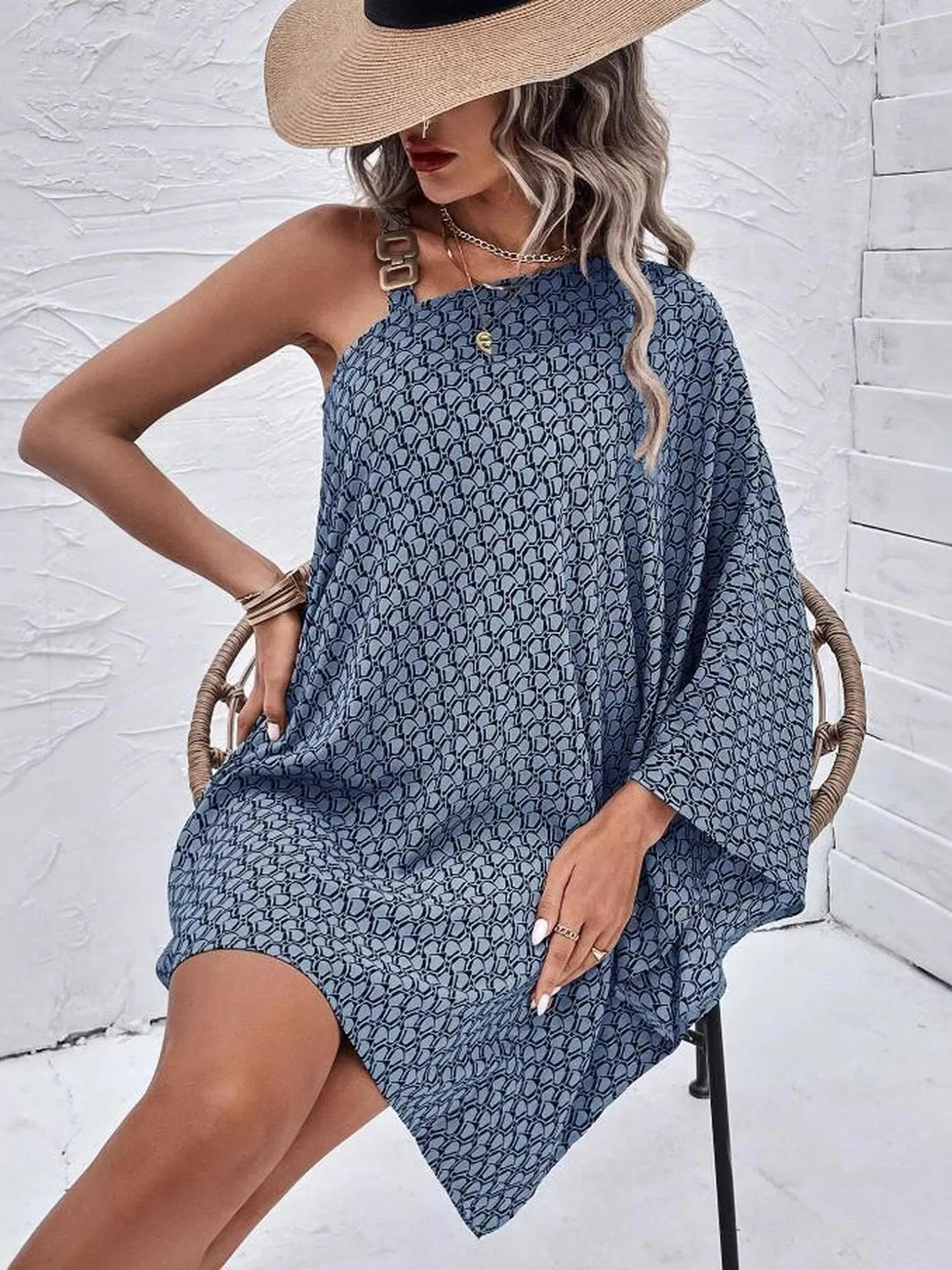 Grey One Shoulder Flare Sleeve Dress