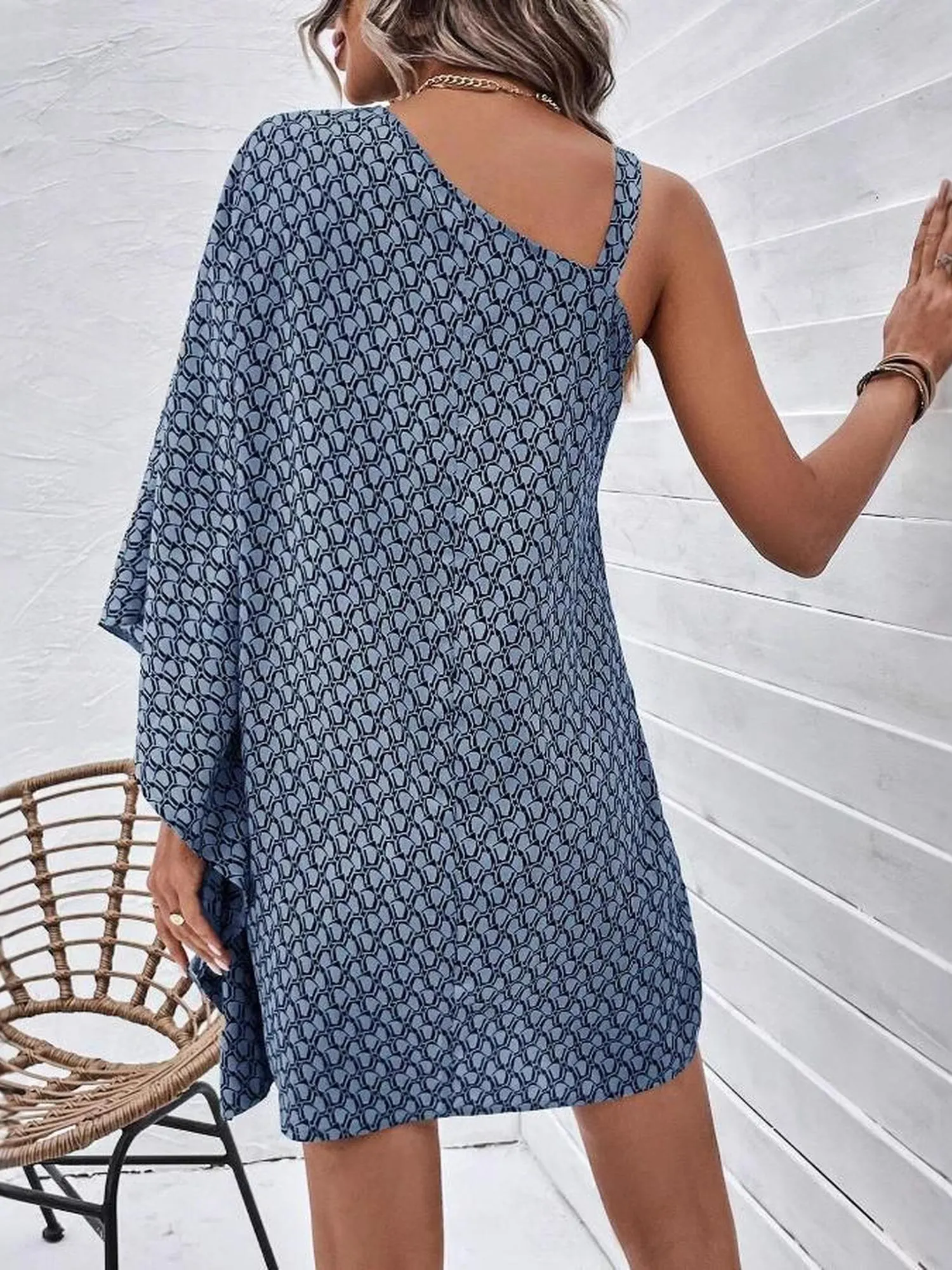 Grey One Shoulder Flare Sleeve Dress