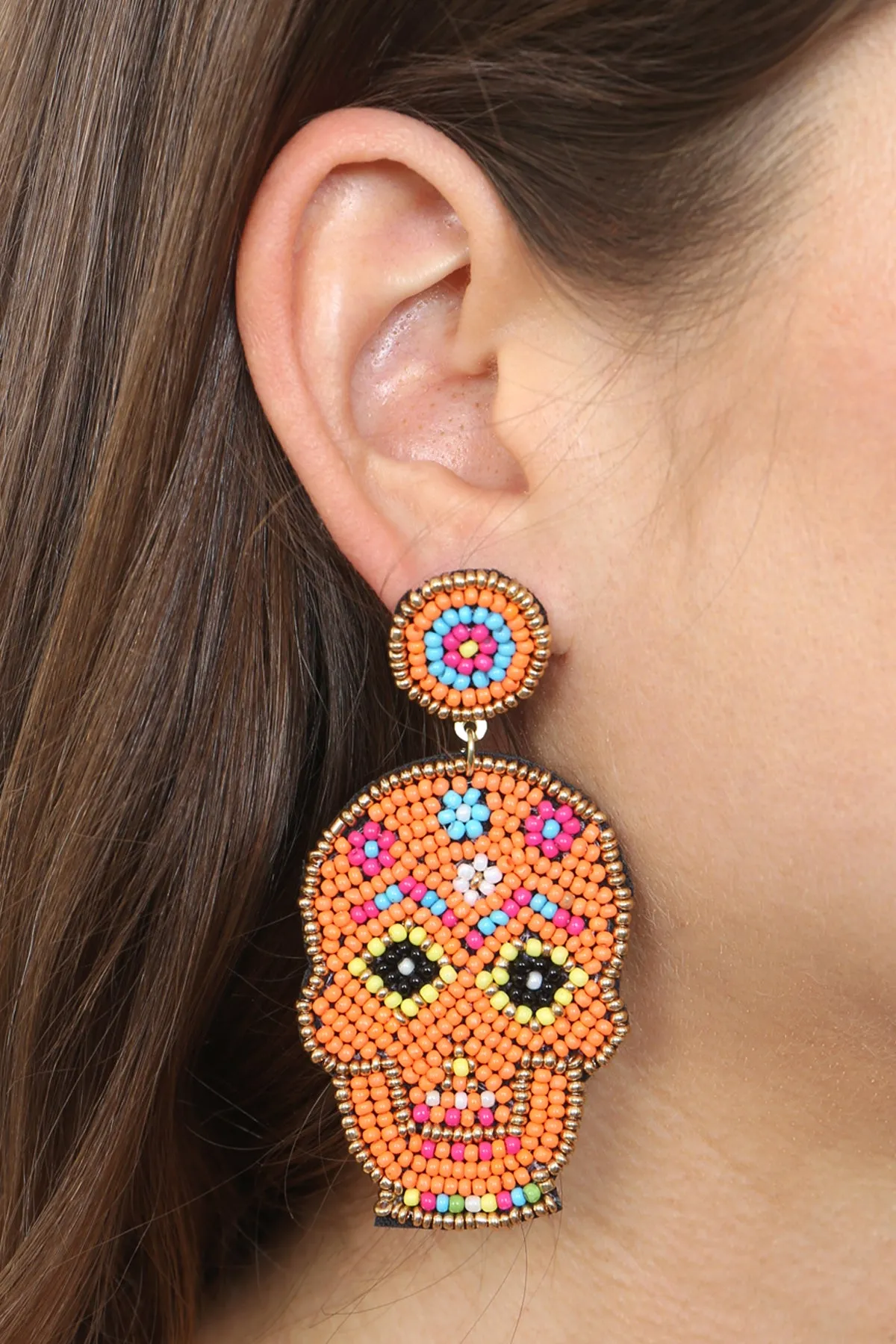 (HALLOWEEN) SUGAR SKULL SEED BEAD PATTERN DANGLE POST EARRINGS